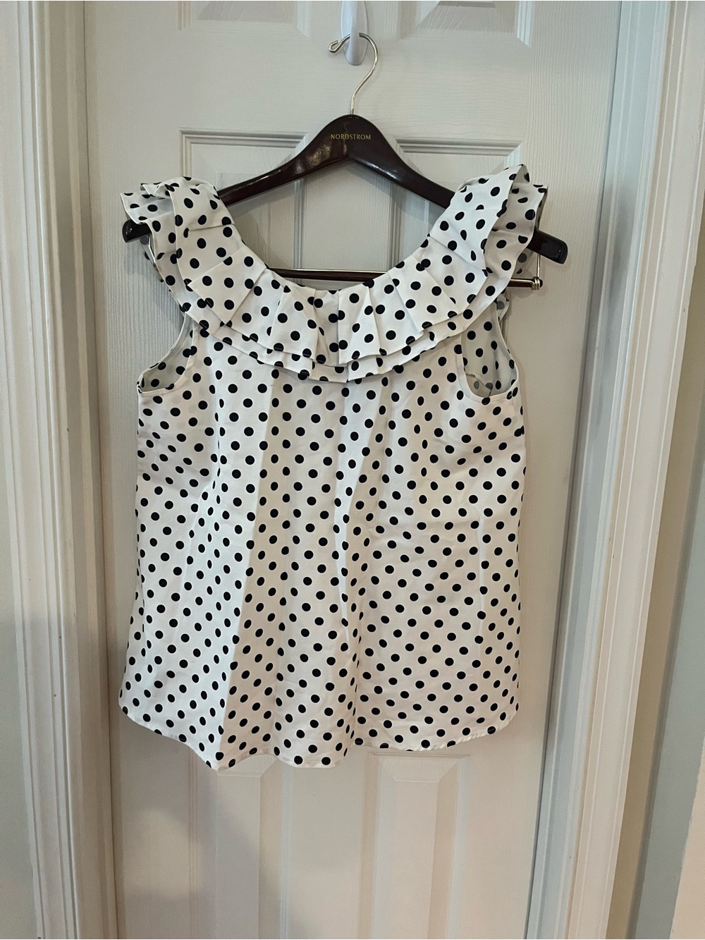 Sara Campbell White Sleeveless Polka Dot Ruffle Neck Top